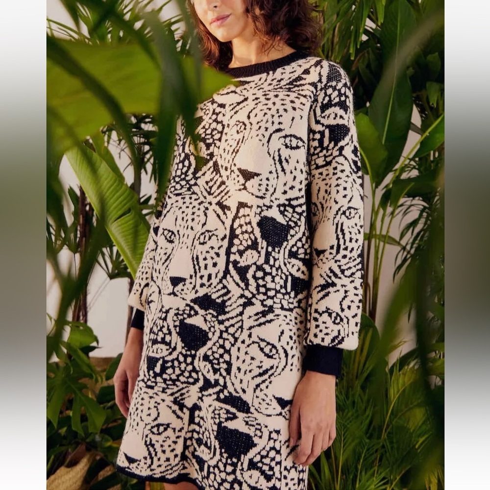 FARM RIO BLACK & WHITE MIDNIGHT LEOPARDS SWEATER DRESS XLARGE NWT